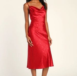 Lulu's Christmas Holiday Red Satin Midi Slip Dress